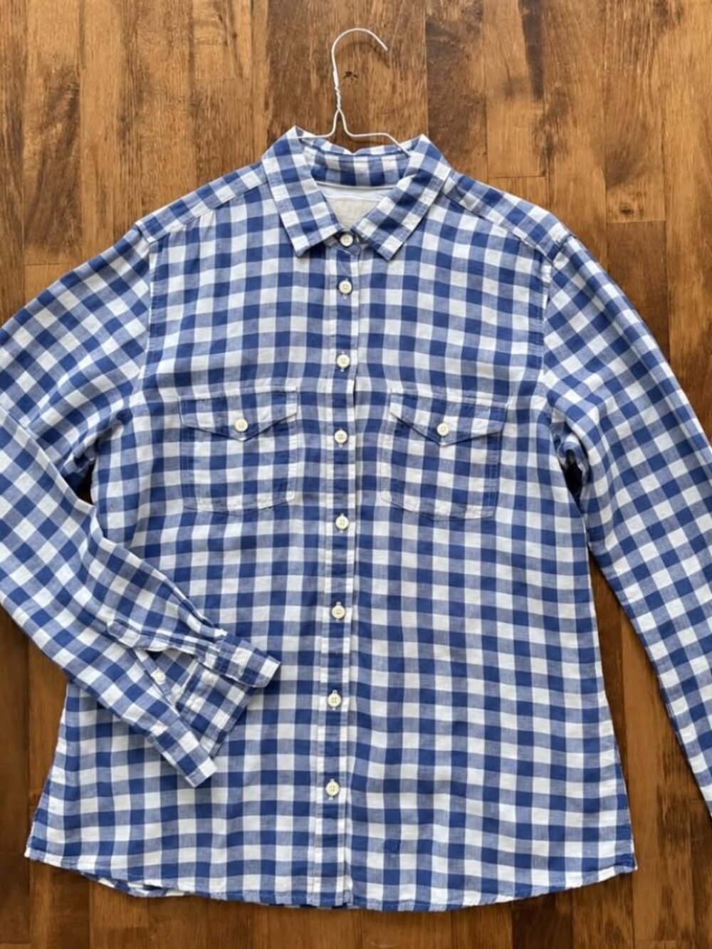 Women L Gingham Blouse vichy top Blue & White linen - BANANA REPUBLIC